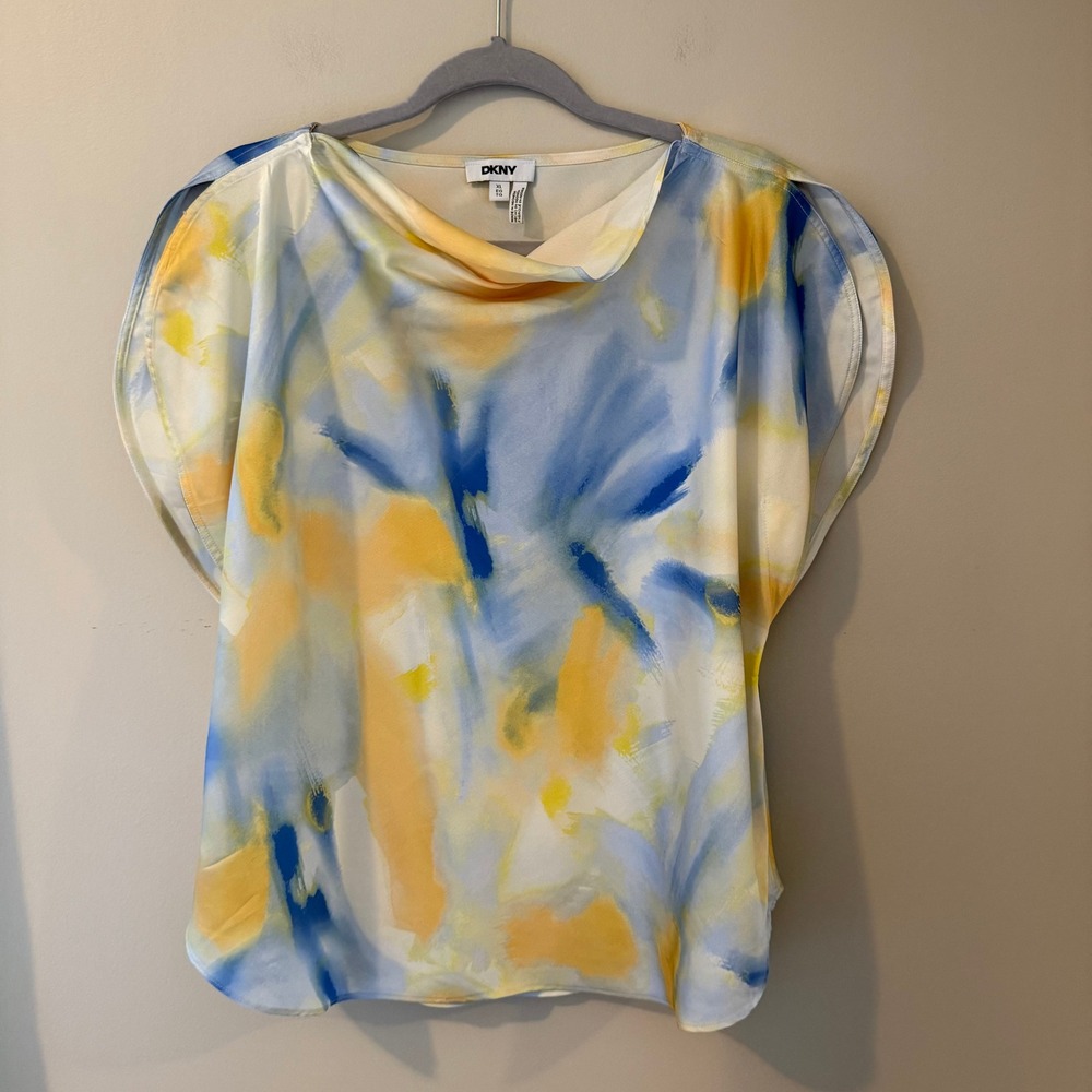 DKNY Womens XL Blue Yellow Abstract Watercolor Cowl Neck Split Sleeve Blouse Top